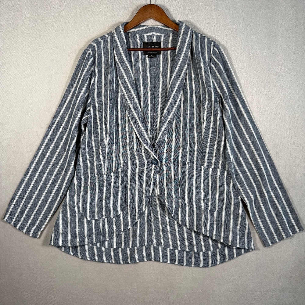 Sanctuary Blazer Womens X Large Blue Striped Linen Blend Single Button Pockets